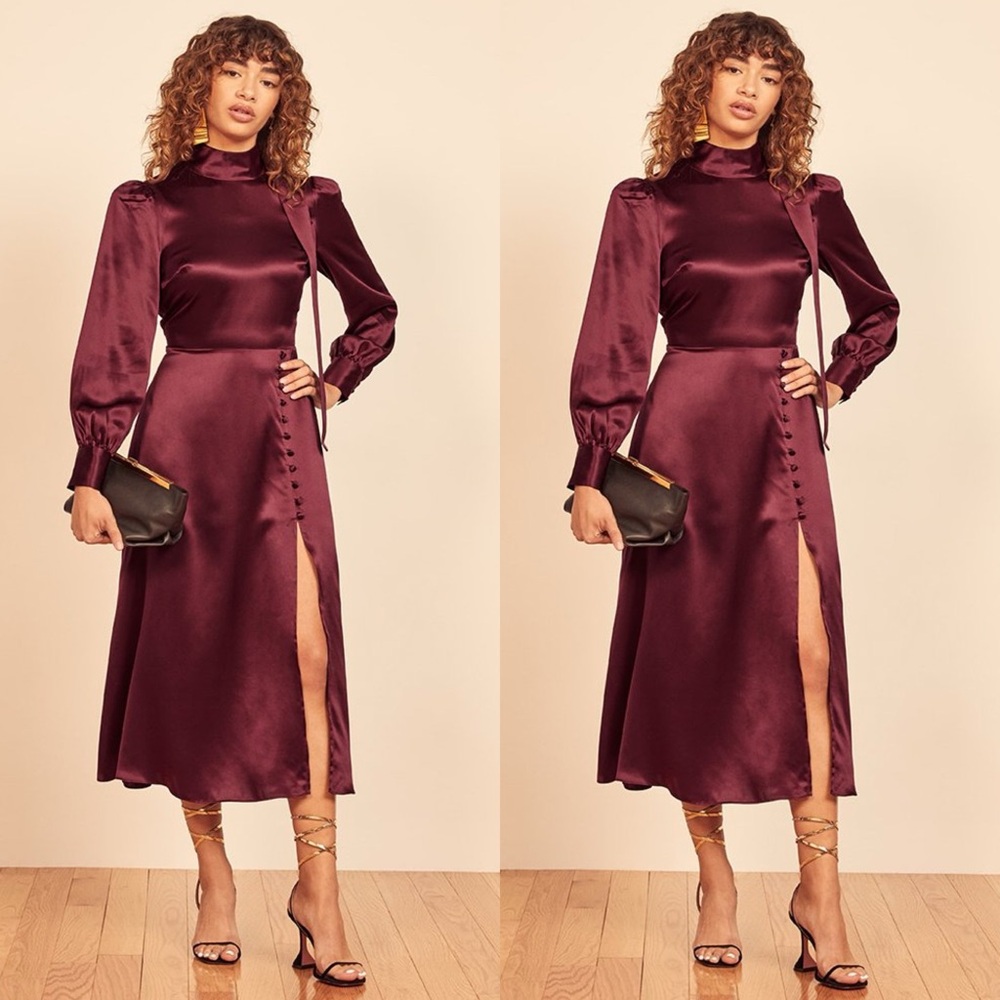 Reformation Maple Silk Midi Dress Plum Burgundy Womens 2 EUC - Picture 3 of 17